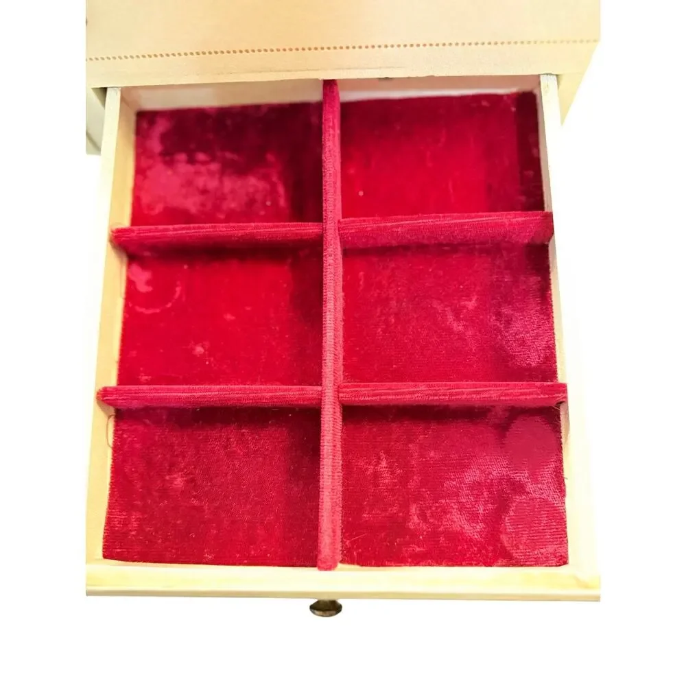 Vintage Ivory Jewelry Chest Red Velvet Mirror Locking 3 Drawer Jewelry Box Case